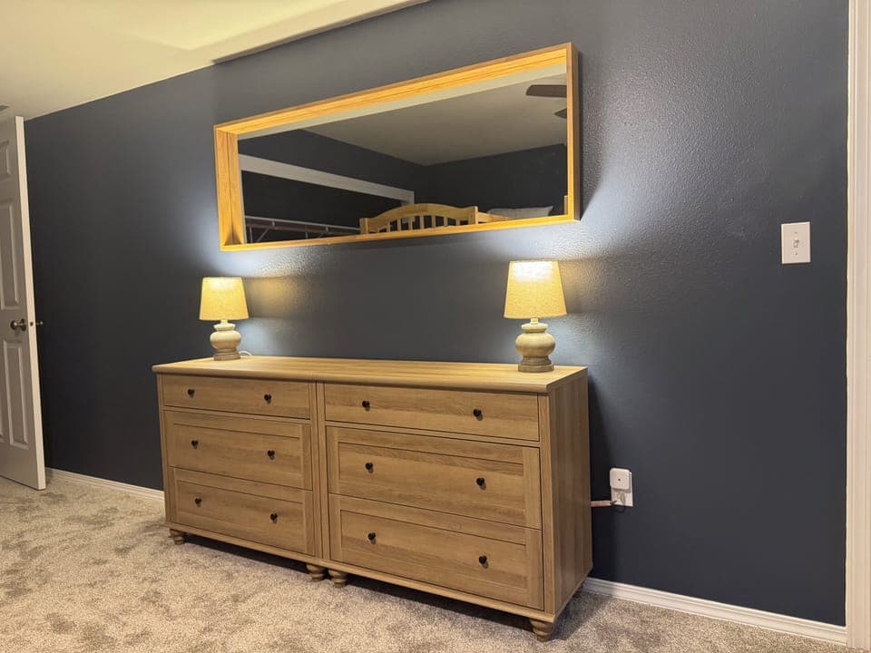 Basement bedroom with plenty of room to unpack and stay a while.