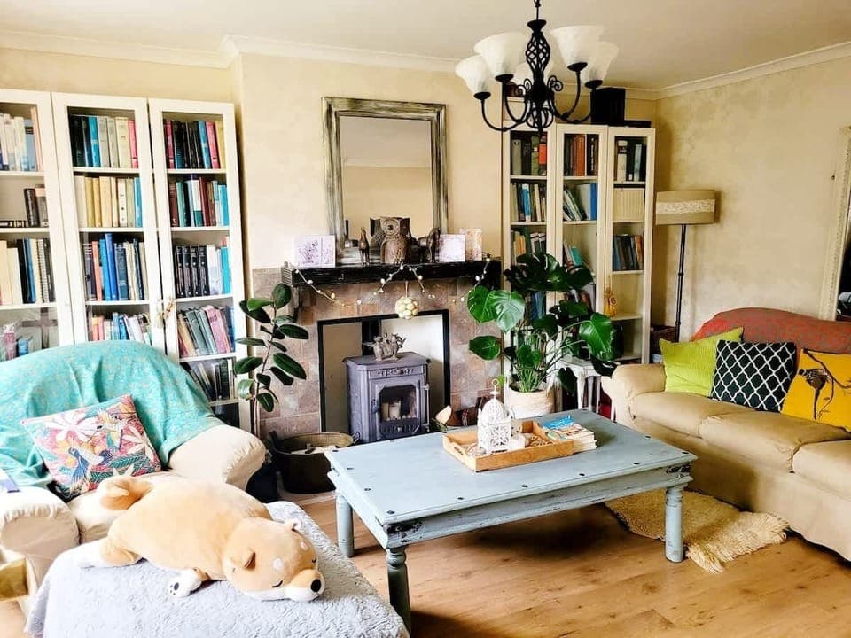 Cosy living room with wood burner, comfy sofa, and plenty of books! 