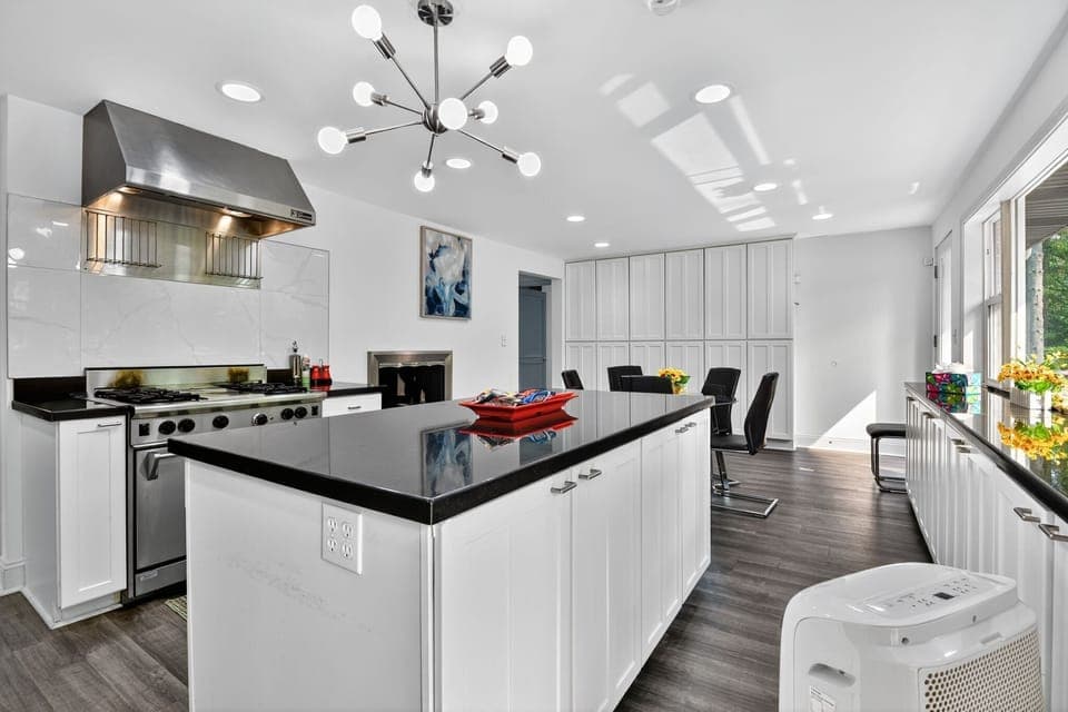 Indoors, Kitchen, Kitchen Island, Chandelier, Lamp