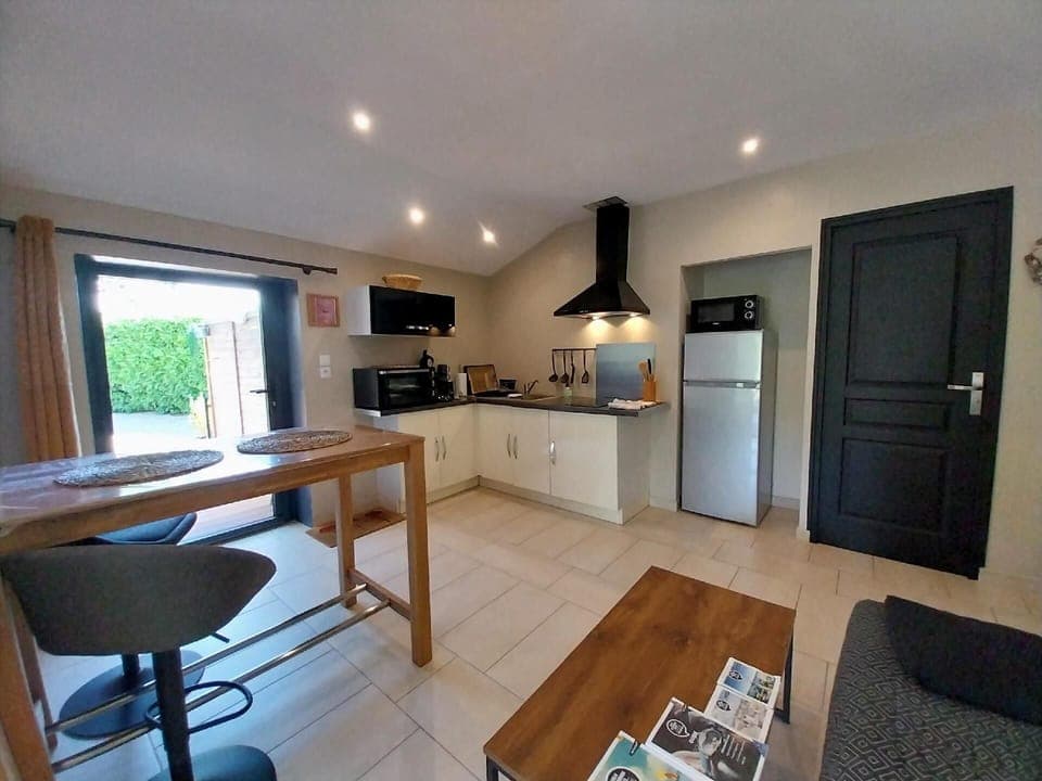 Kitchen, dining room, and living room