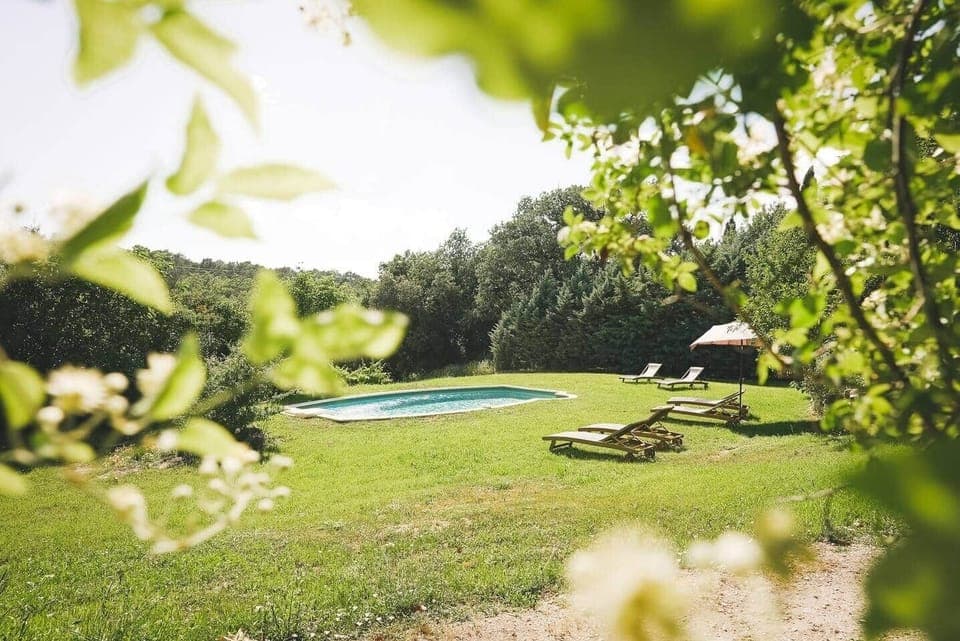 swimming pool, garden, sun loungers, exterior