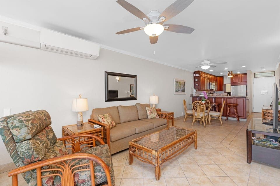 Looking back from the Dining and kitchen area to the front door. Queen sofa bed is available in the living room.