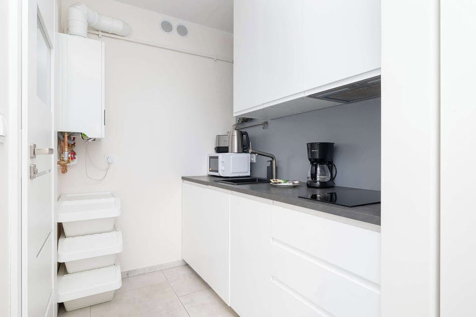 A compact kitchen with white cabinets and modern appliances. Functional design in a sleek style.