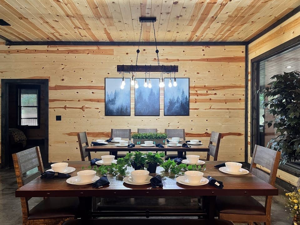 Dine together in style! This modern-rustic dining room sets the scene for memorable meals and connection.
