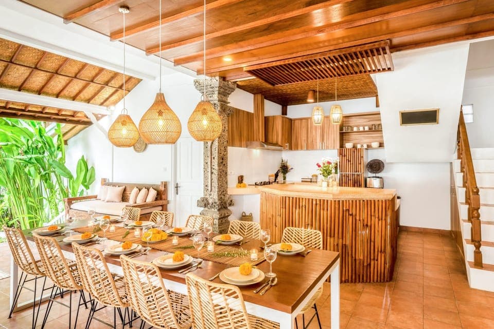 Dining table and kitchen with bamboo bar