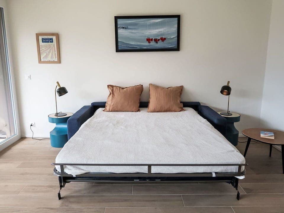 Furniture, Floor, Flooring, Interior Design, Couch, Room, Apartment, Bed