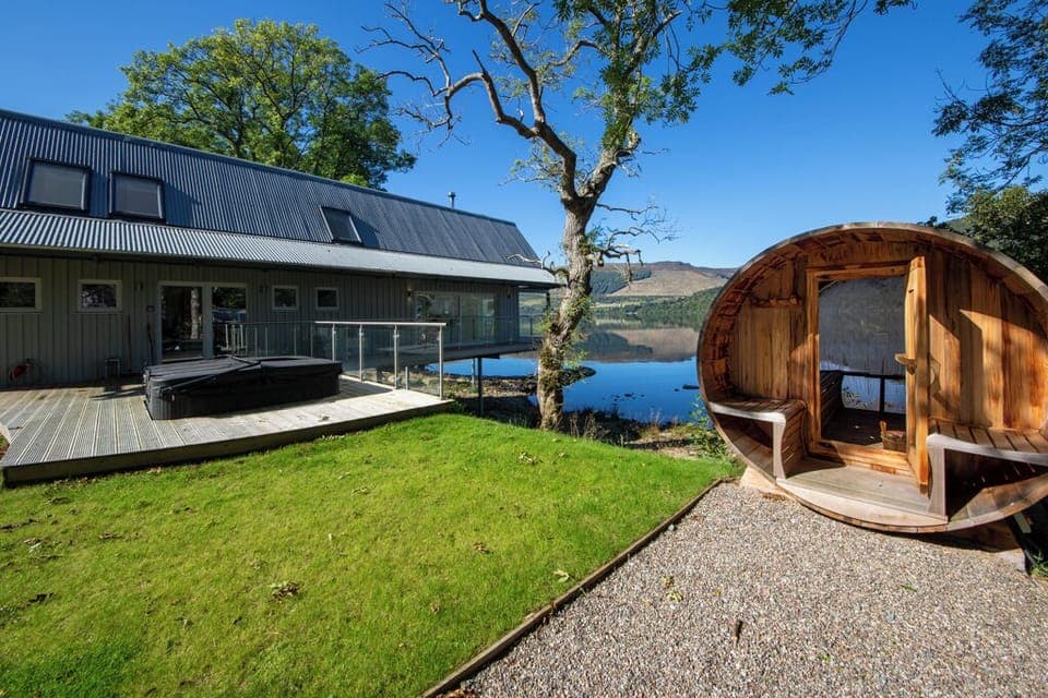 Views towards the loch with sauna and hot tub