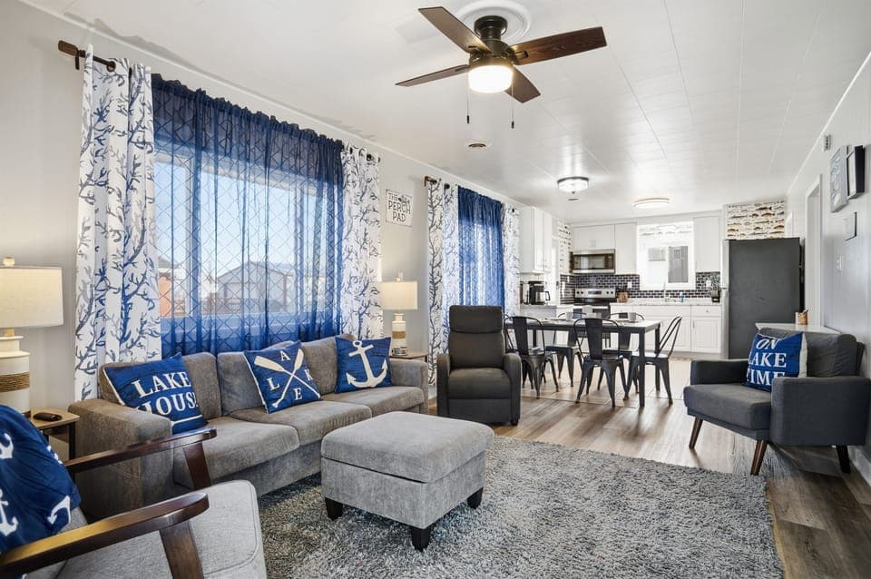 Open, cozy living room, dining room and kitchen ready to relax after a long day exploring the area.