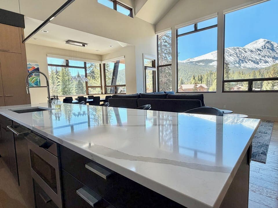 Kitchen island, dining room and living area (great room)