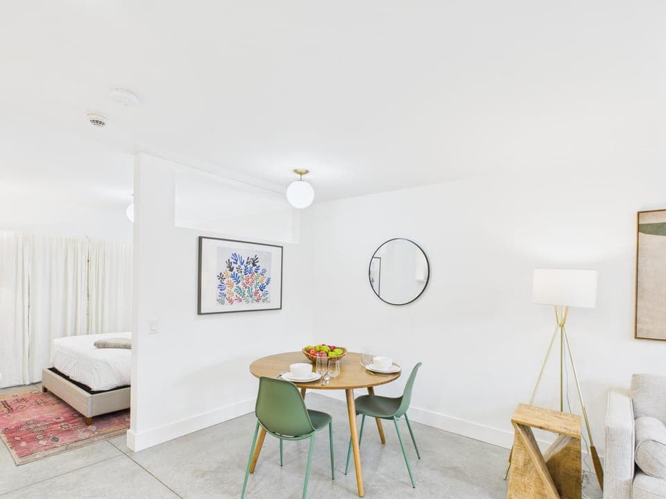 Dining area with modern accents and cozy lighting