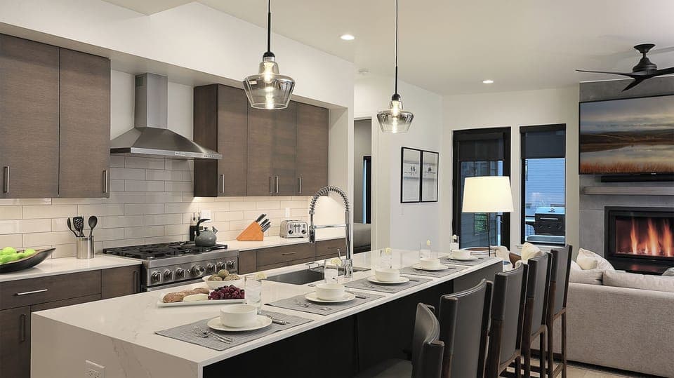 Kitchen, Main Level, Principal House - Modern kitchen with oversized island seating and open layout to the great room