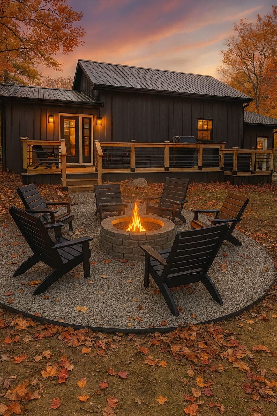 Evenings by the fire pit with seating and peaceful wooded surroundings