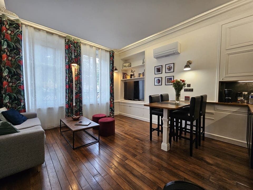 Overview of the living room and dining area