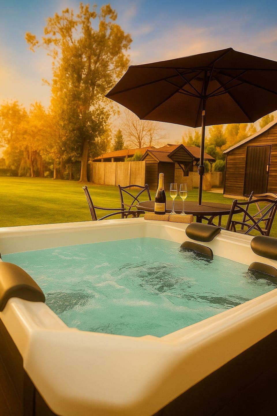 Private hot tub — magical in winter with steam rising into the cold night air.