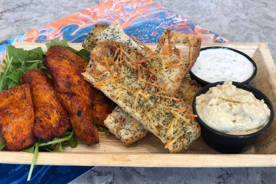 Focaccia and plantains meal.