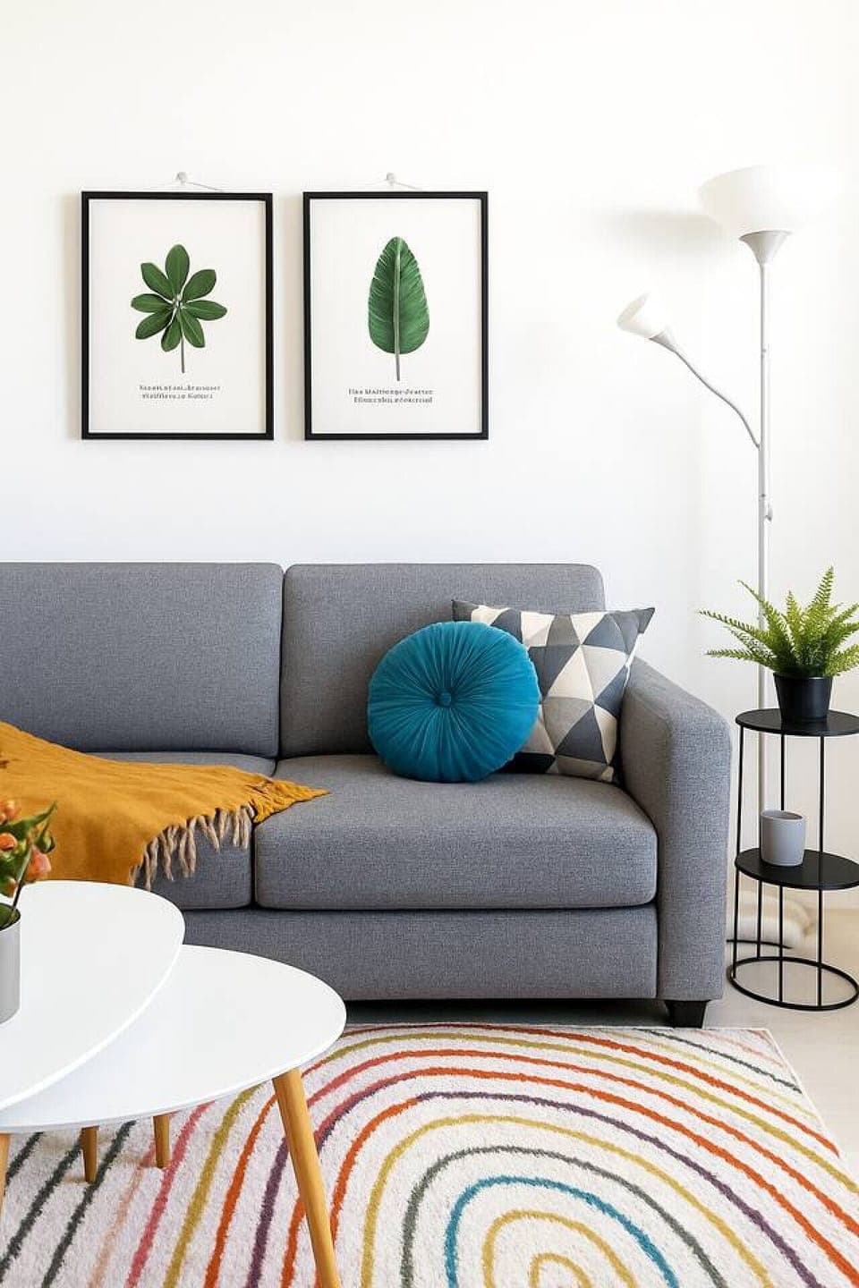 Scandi-style sofa with vibrant pillows adds a pop of color to your cozy studio.