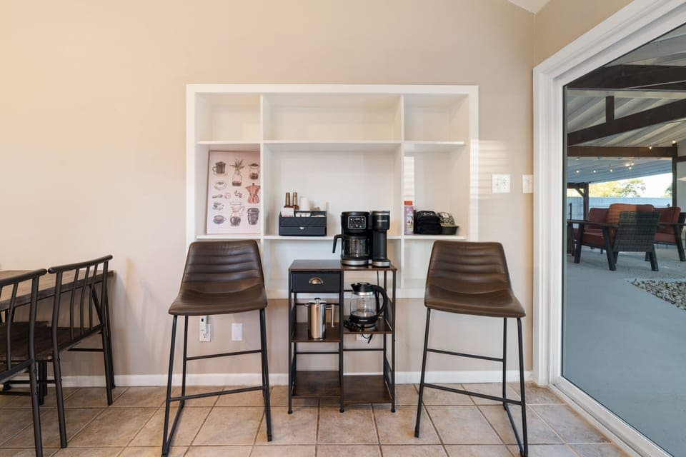 Enjoy the fully stocked coffee bar. Keurig, french press, teas, hot chocolate.