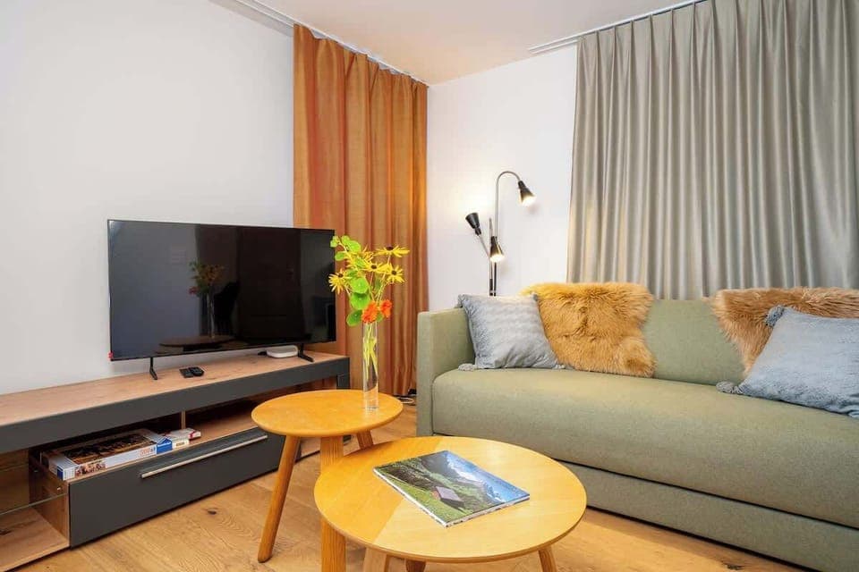 Modern living area with comfortable sofa bed and TV