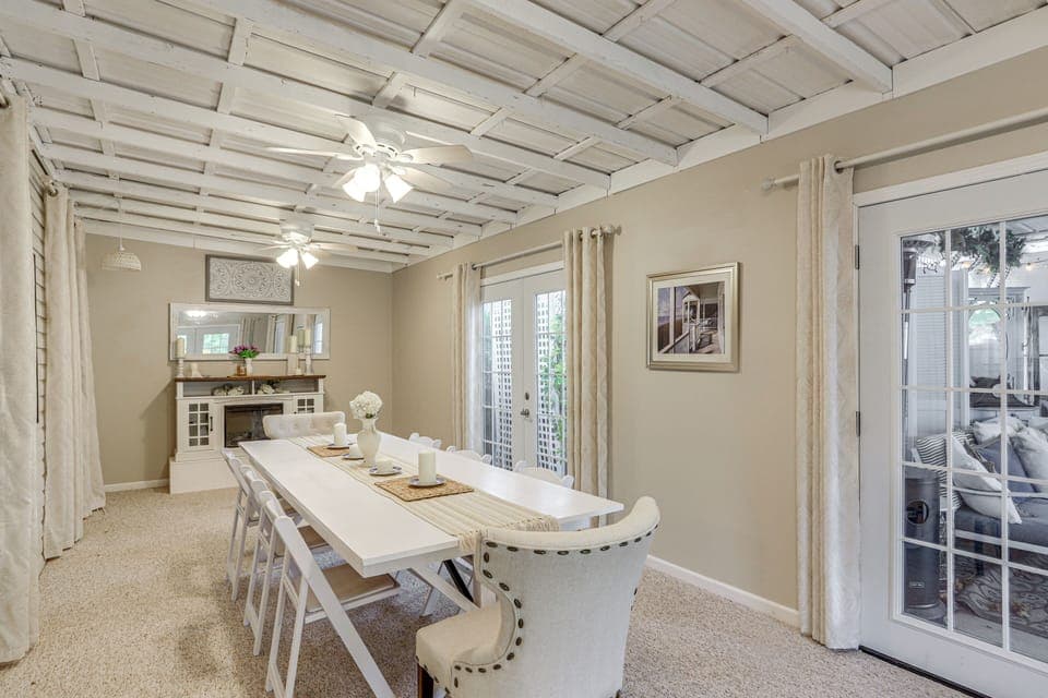 Dining Room | 1st Floor | Gas Fireplace | Dishware/Flatware | Space Heater