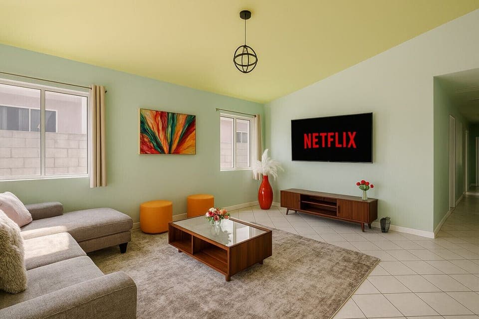 Cozy living room with Smart TV - login and stream your favorite apps!