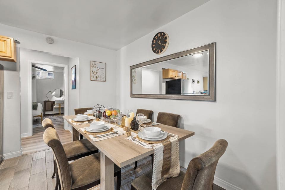 Enjoy hearty meals and gatherings at the dining table, perfect for six or more.