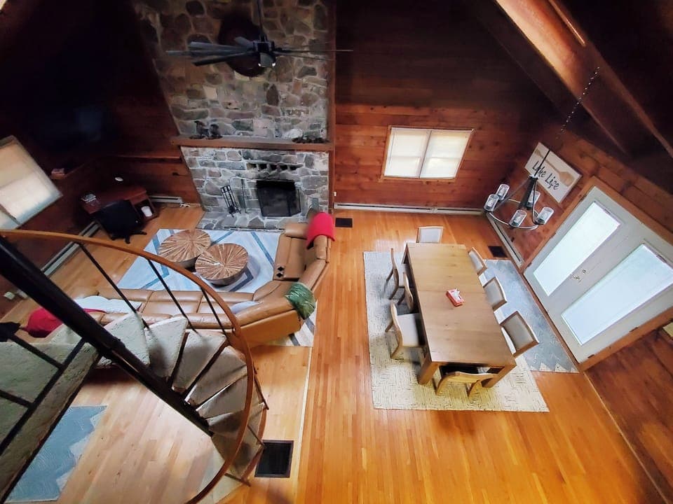 Great family room and dining room view from 2nd floor loft