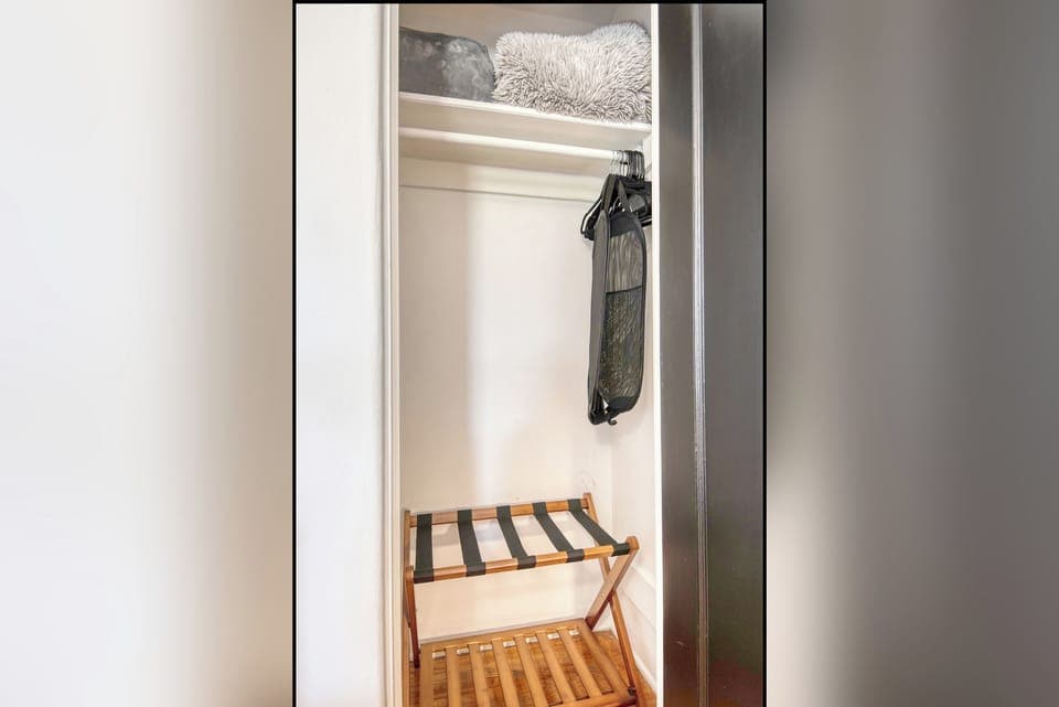 Closet, luggage rack, laundry hamper, extra cozy blankets.