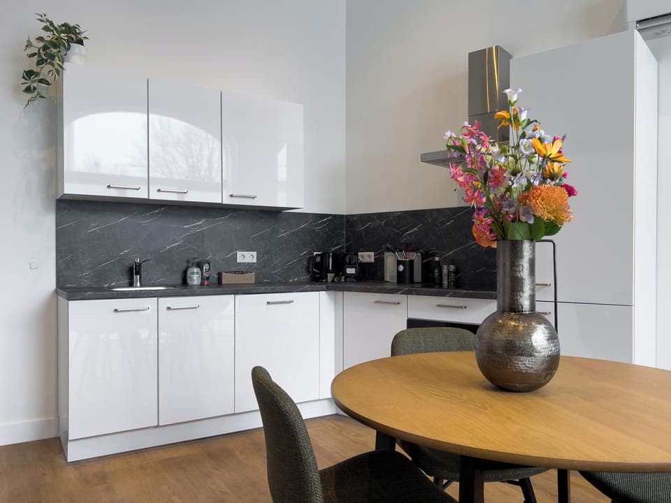 Modern open kitchen with full amenities in this Tilburg apartment – practical and stylish living near the city center.