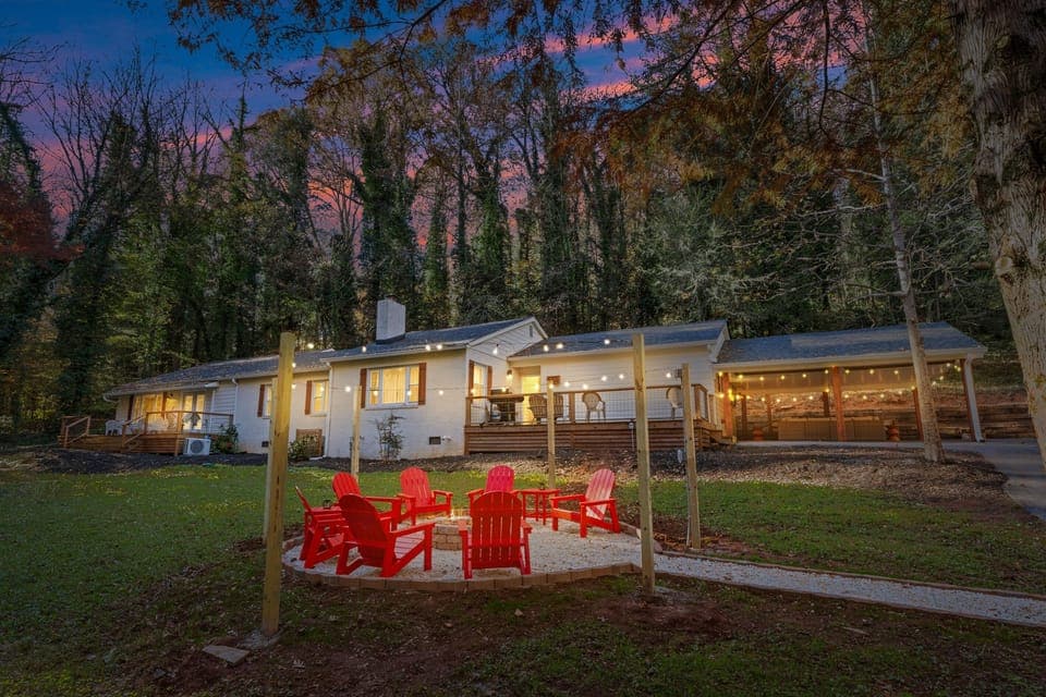 Sunset, string lights, and a warm fire