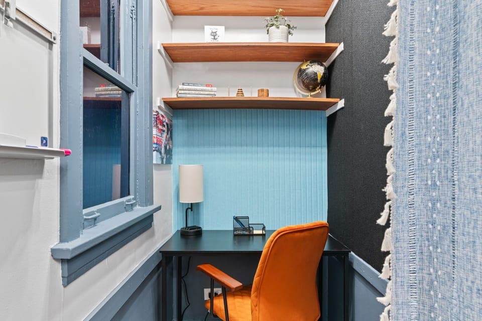 Workspace with desk and office supplies