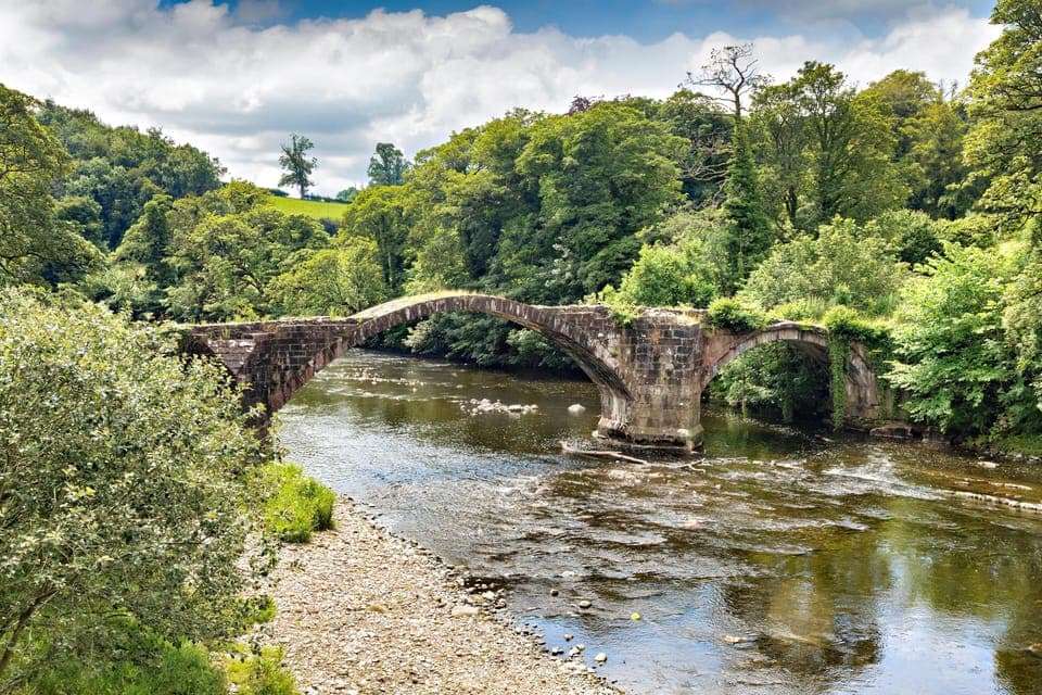 Charming stone bridge over tranquil river in lush greenery