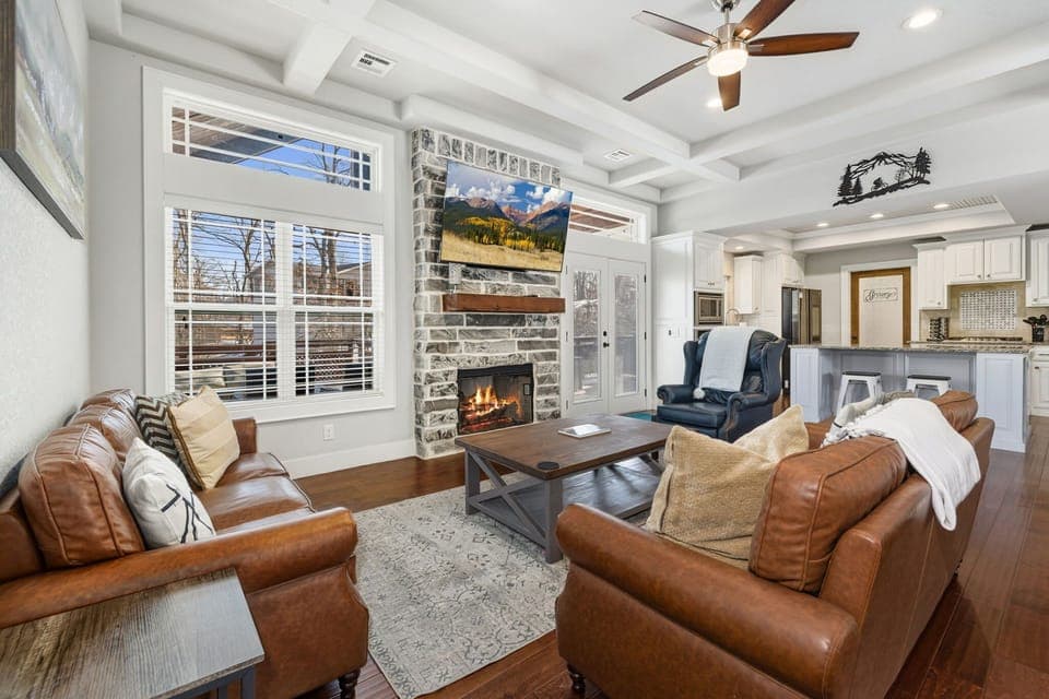 Inside, you'll be greeted by our open concept living space, kitchen, and dining space.