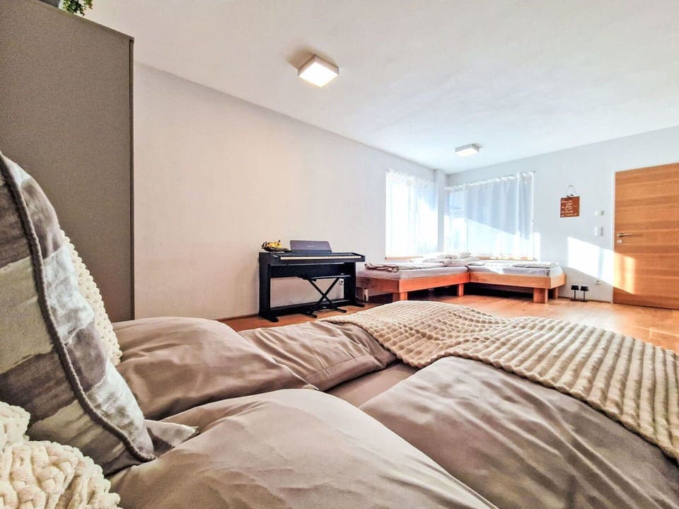 Furniture, Bed, Interior Design, Floor, Flooring, Bedroom, Wall, Room, Wood, Ceiling