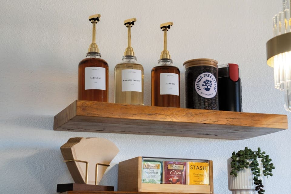 Coffee Bar with syrups, Organic Joshua Tree Coffee and a variety of teas