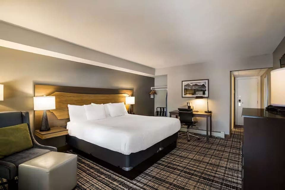 Settle into plush king-bed comfort with warm bedside glow.