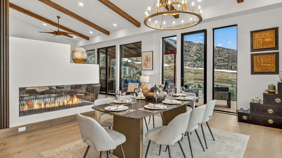 Dining Area, Upper Level - Nocturne View, gather for meals by the cozy fireplace.