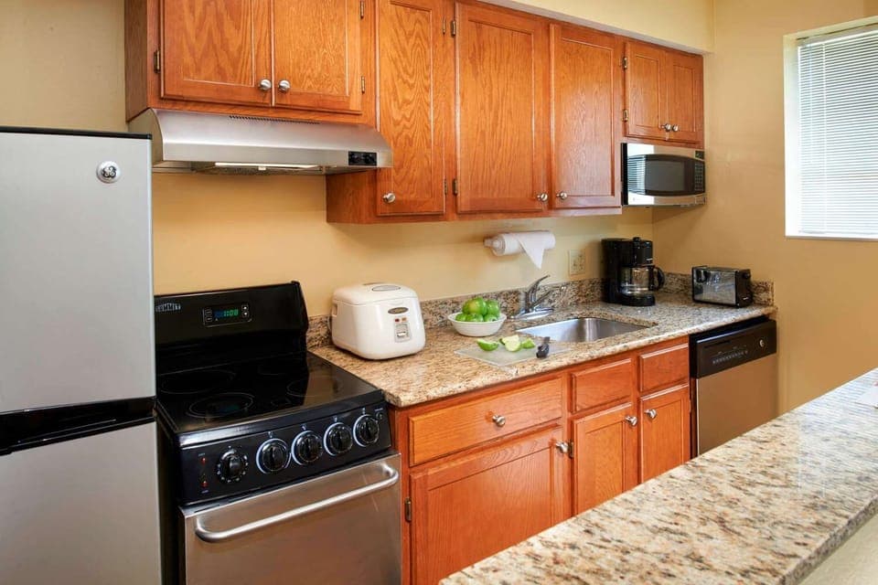 Cook easy meals with full-size appliances and ample counters.