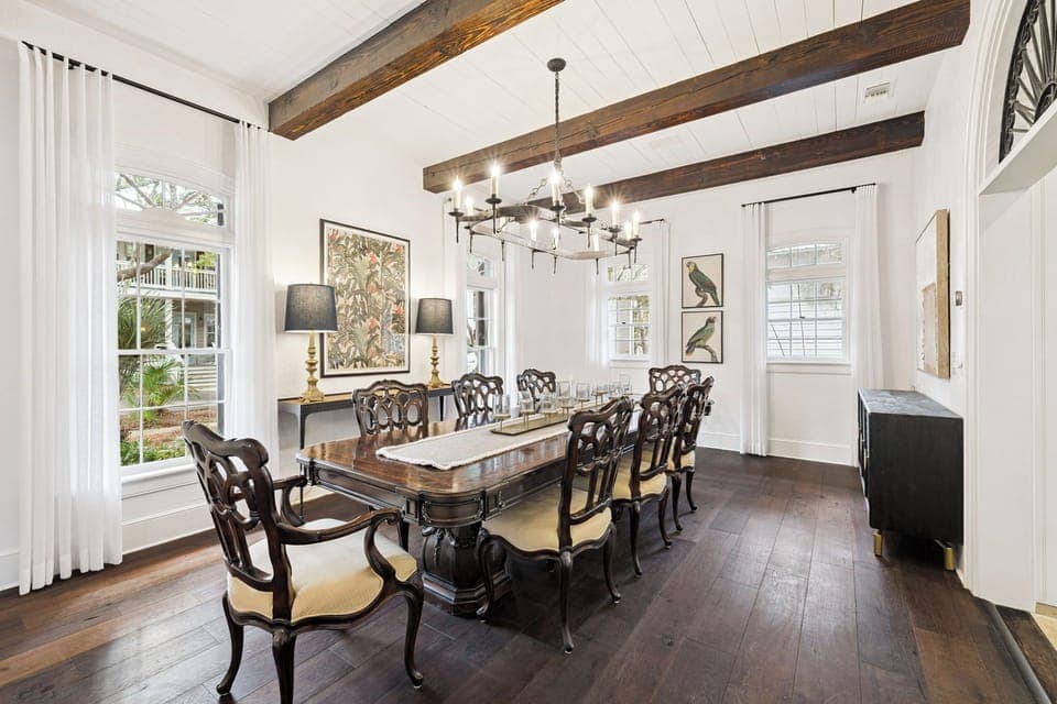 Your elegant dining space features rich exposed beams and classic furnishings, perfect for memorable meals with loved ones.