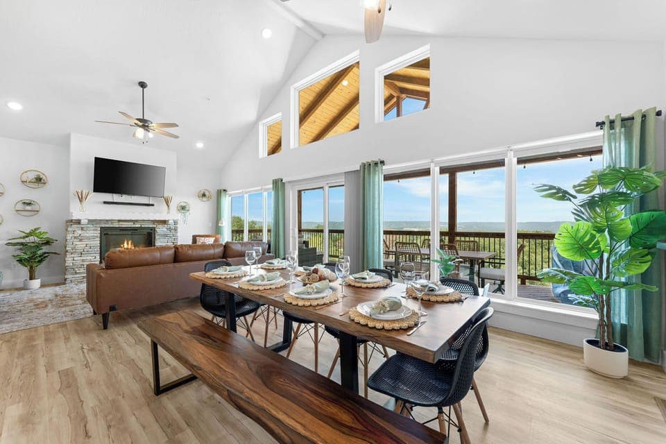 Open dining room with soaring ceilings!