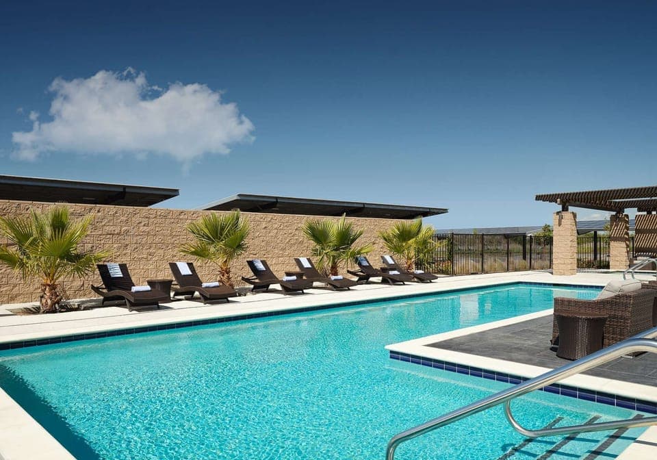Outdoor pool with lounge chairs and palm trees