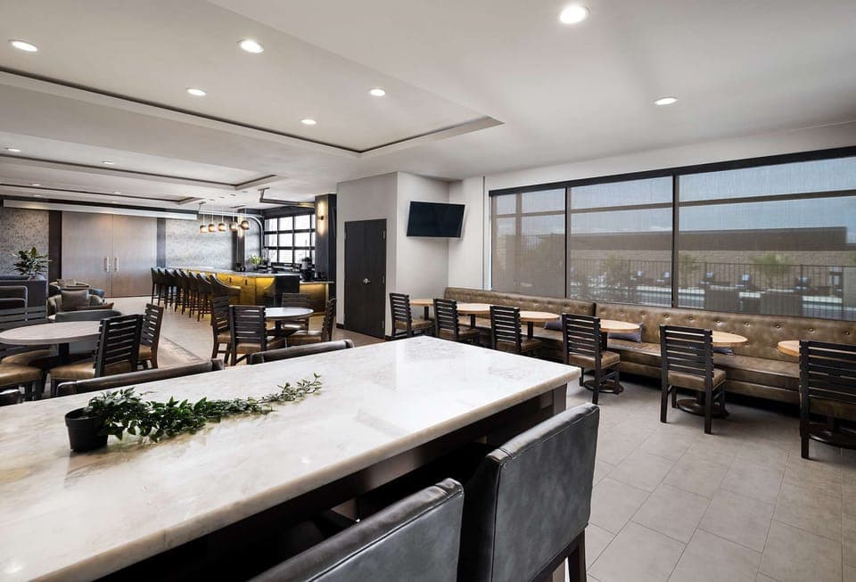 Spacious dining area with plenty of seating and cozy lighting