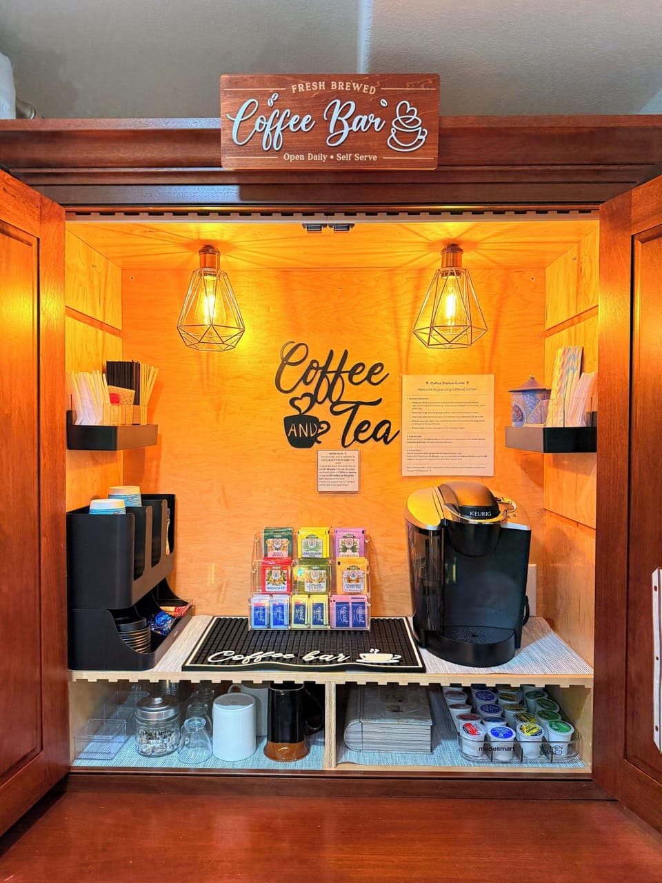 Self-serve "Coffee & Tea Bar" tucked into a charming vintage hutch. ❤️