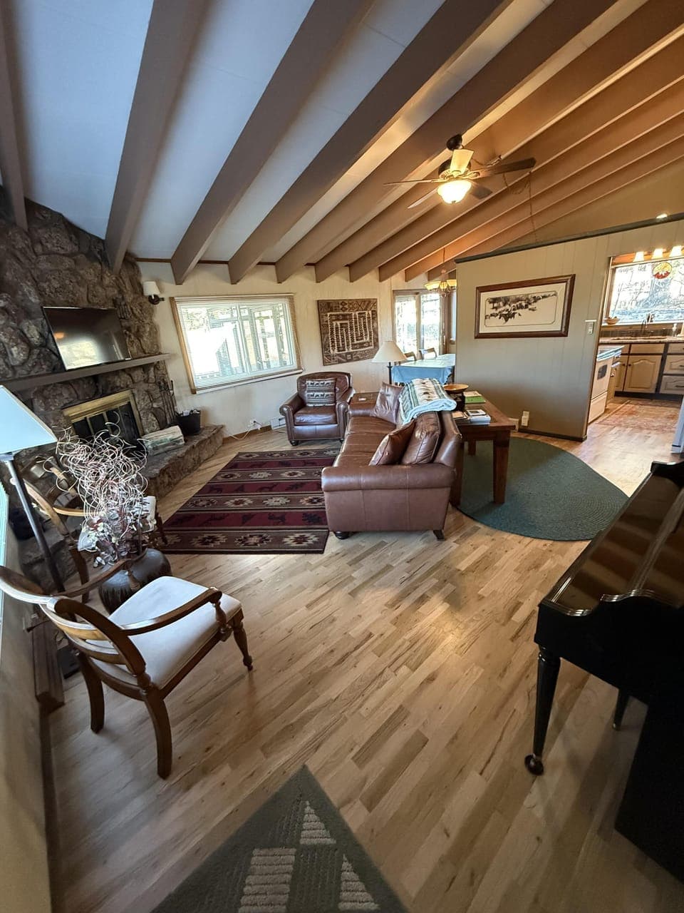 Living room with rustic charm and warm lighting