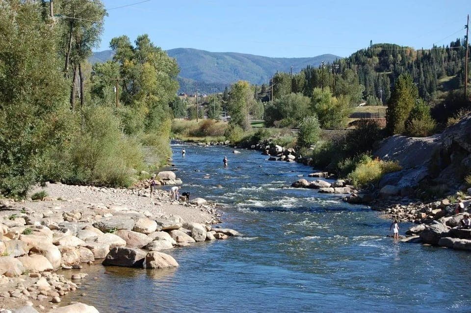 Gentle river flowing between tree-lined banks with mountain scenery in the background.