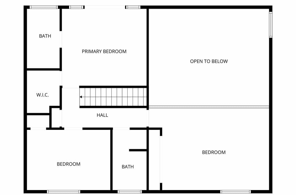 Big Moose Lodge second level. This detailed floor plan shows your spacious rental layout with three bedrooms, two bathrooms, and an open loft area.