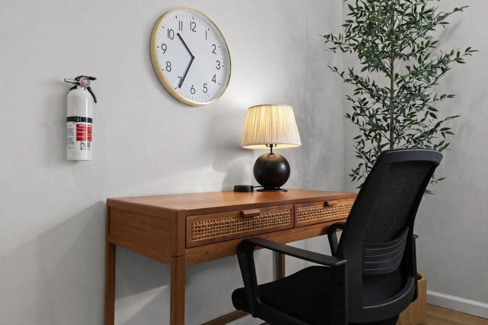 Dedicated workspace with comfortable chair, warm lighting, and clean design—ideal for remote work, planning, or focused productivity.