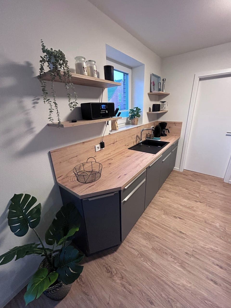 Modern kitchen unit with sink and shelves.