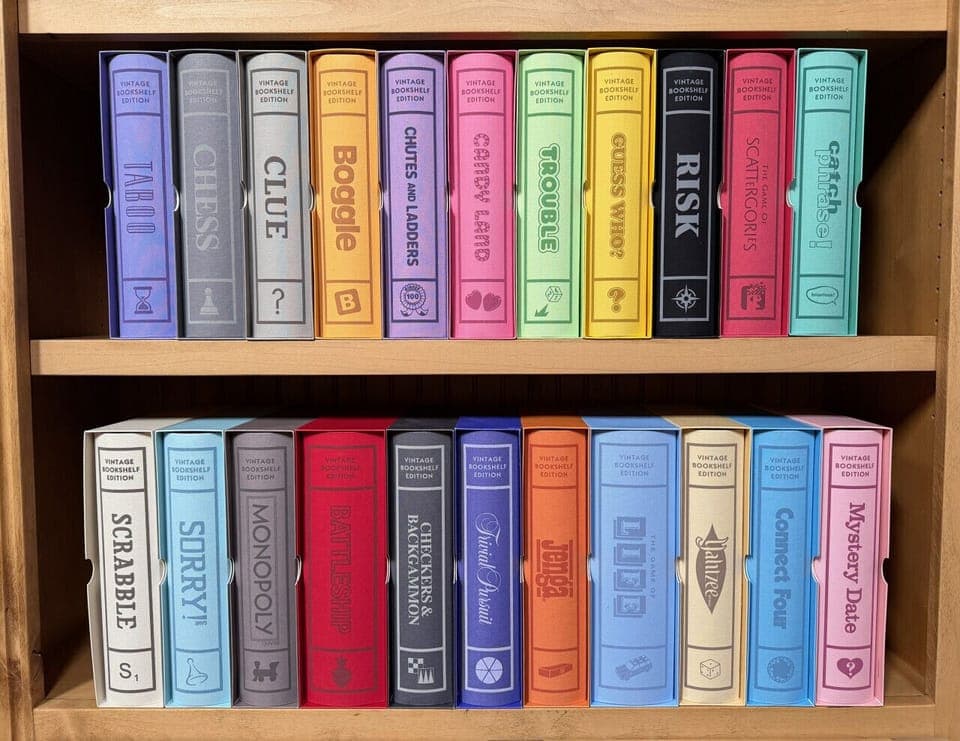 A game library disguised as a bookshelf, ready for everything from quiet strategy to all out competition