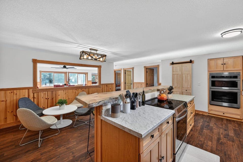 The kitchen has a teapot, coffee bar, waffle bar and popcorn options!