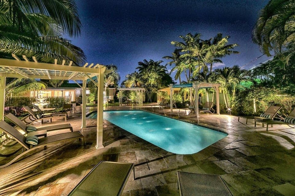 Pool, Gardens and Deck are Lit at night, until midnight.